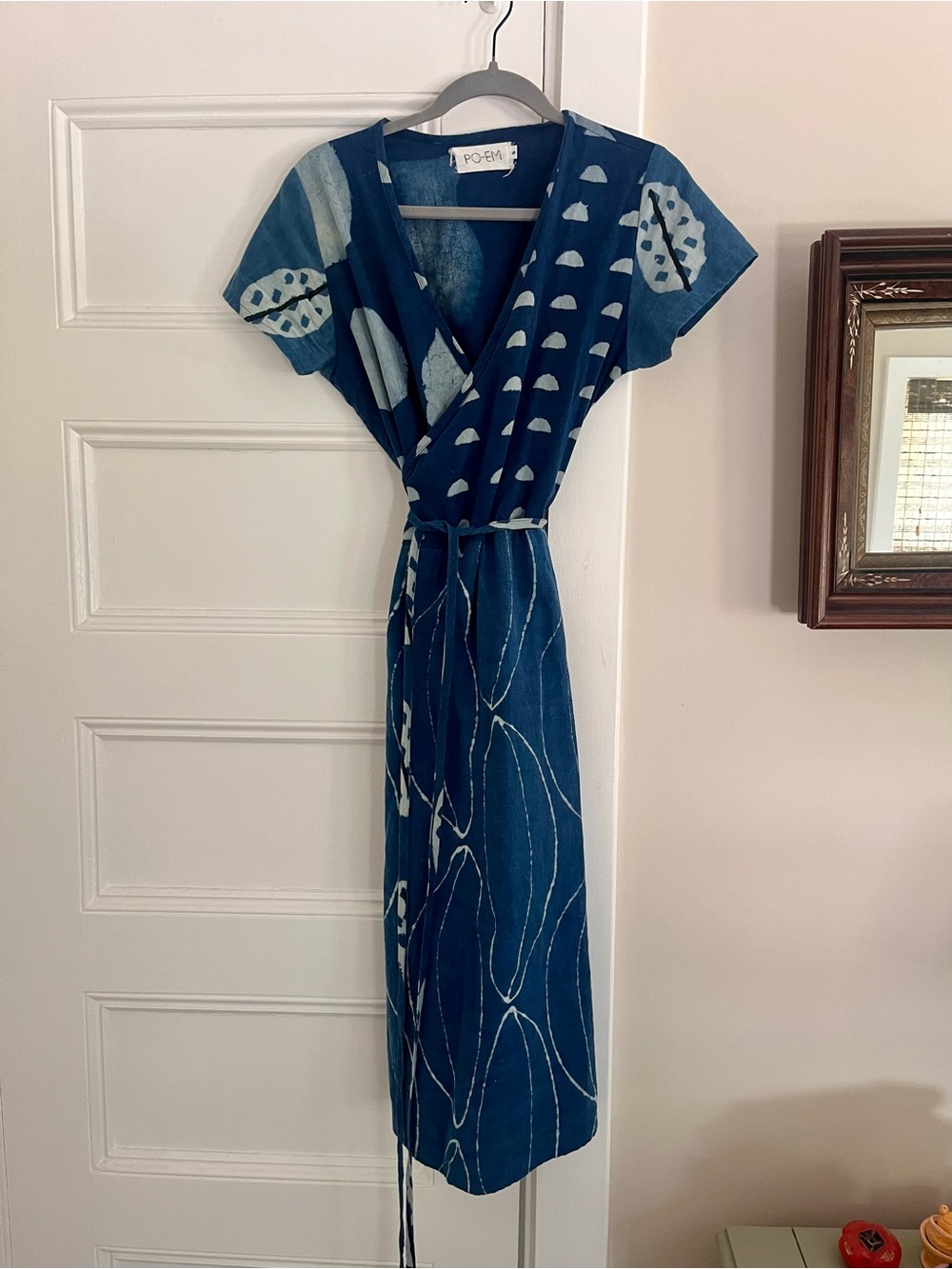 PO-EM Indigo Wrap Midi Dress with Light Blue Pattern - Picture 2 of 3